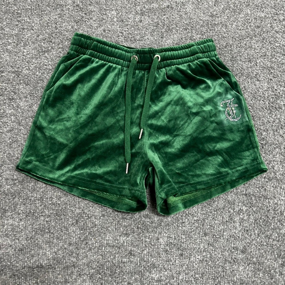 Juicy Couture Shorts Womens Size M Green Velour Rhinestone Logo Y2K Loungewear